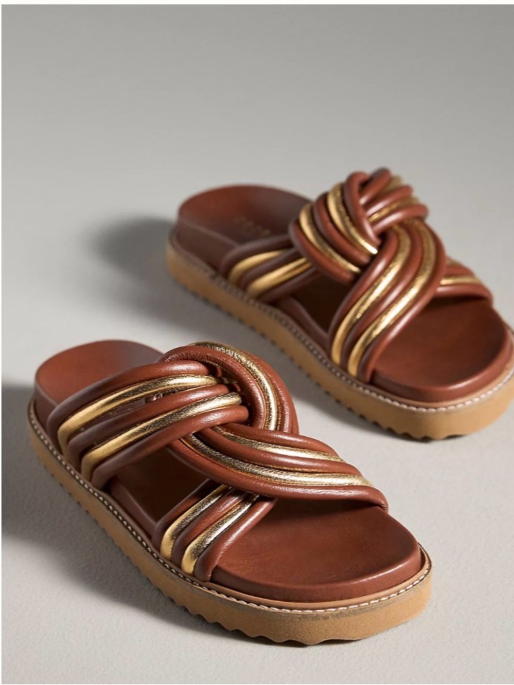 Anthropologie Cecilia New York Brown & Gold Knot Slide Sandals EUC